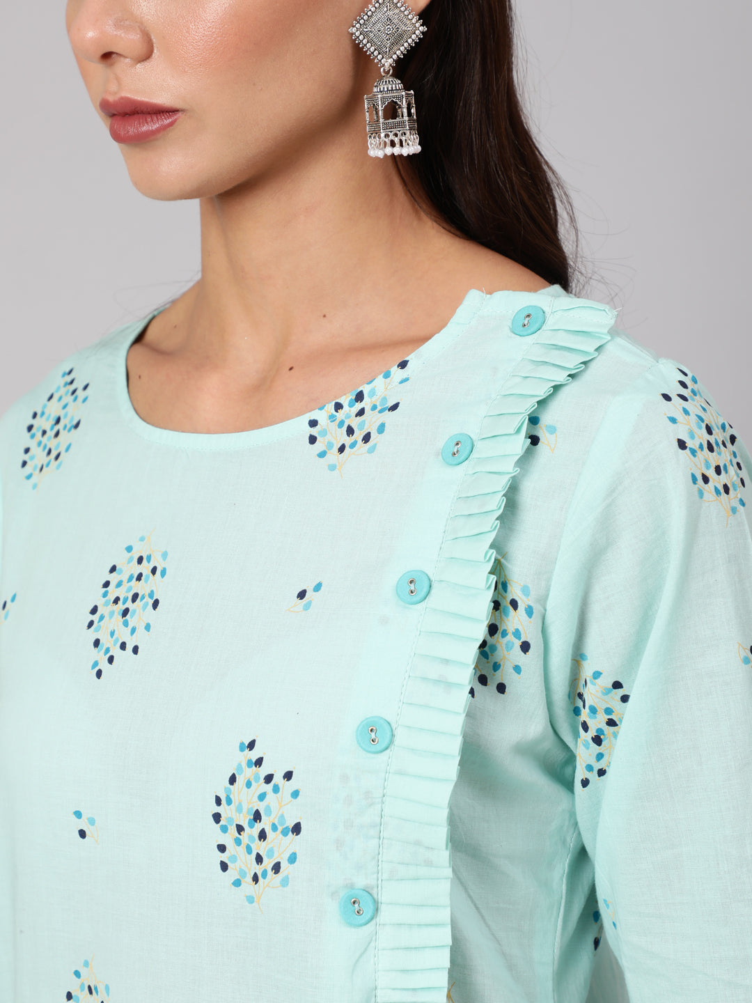 Women Powder Blue Calf Length Three-Quarter Sleeves Straight Floral Yoke Design Cotton Kurta | NOZ2TOZ - Made In INDIA.