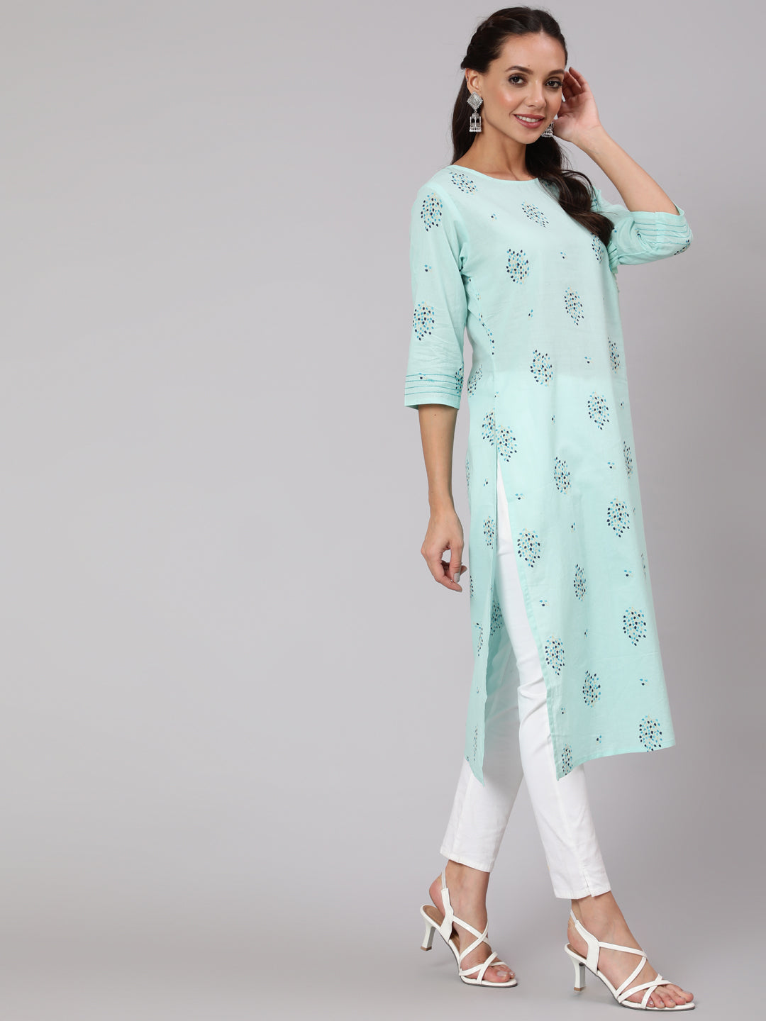 Women Powder Blue Calf Length Three-Quarter Sleeves Straight Floral Yoke Design Cotton Kurta | NOZ2TOZ - Made In INDIA.