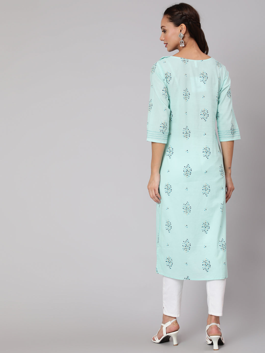 Women Powder Blue Calf Length Three-Quarter Sleeves Straight Floral Yoke Design Cotton Kurta | NOZ2TOZ - Made In INDIA.