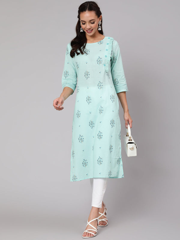 Women Powder Blue Calf Length Three-Quarter Sleeves Straight Floral Yoke Design Cotton Kurta | NOZ2TOZ - Made In INDIA.