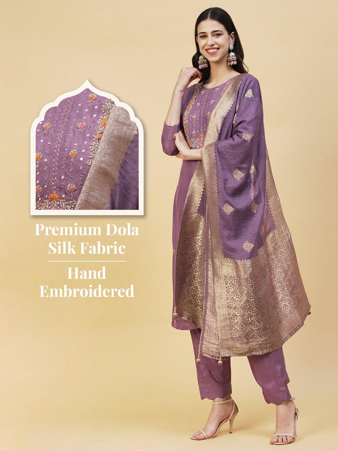 Floral Hand Embroidered Straight Fit Kurta with Pant & Dupatta - Lavender - Indiakreations