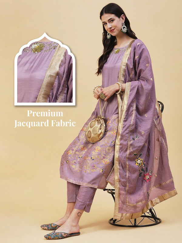 Woven Zari Jacquard Sequins & Zari Embroidered Kurta With Pants & Zari Dupatta - Lavender - Indiakreations