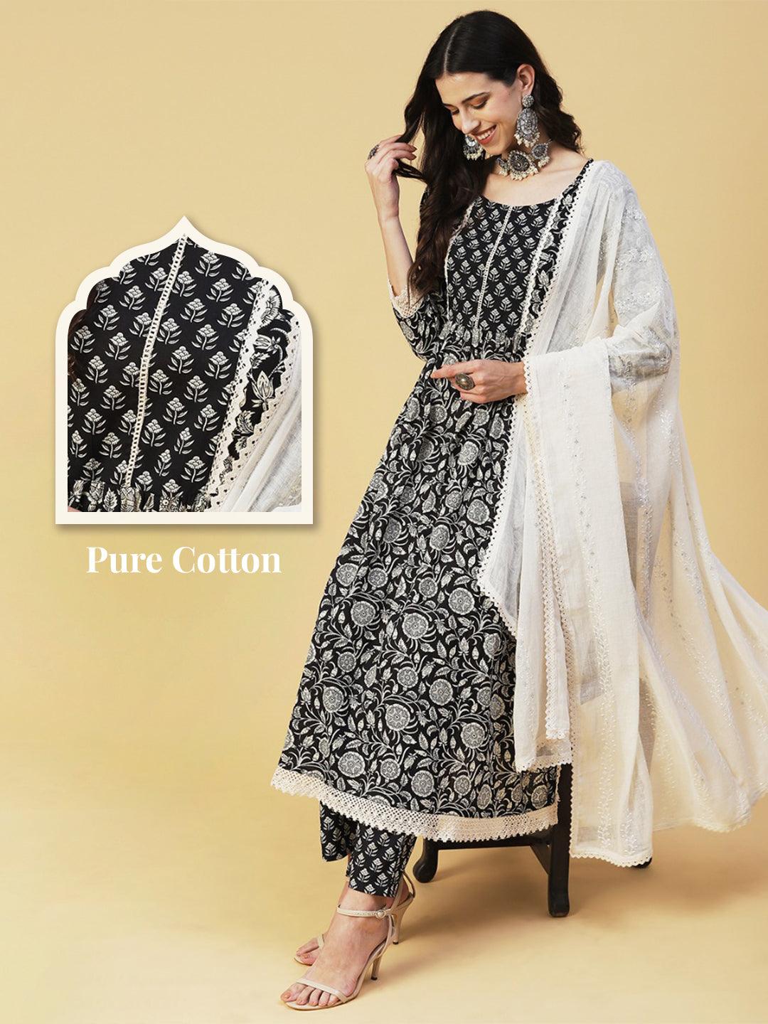 Floral Printed Kurta With Pants & Embroidered Dupatta - Black & White - Indiakreations