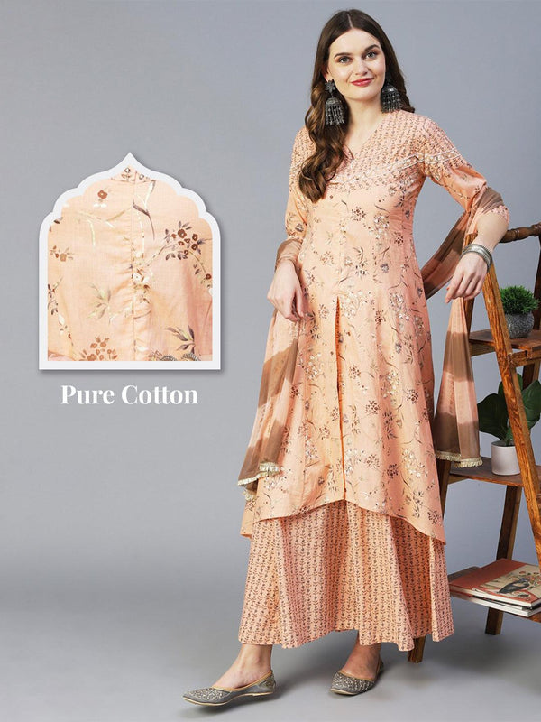 Floral Printed Mirror Embroidered Kurta With Palazzo & Dupatta - Peach - Indiakreations