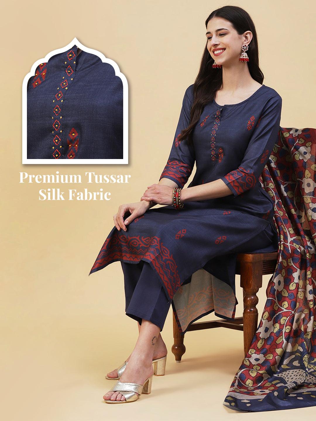 Ethnic Printed Resham & Sequins Embroidered Kurta With Pants & Printed Dupatta - Dark Grey - Indiakreations