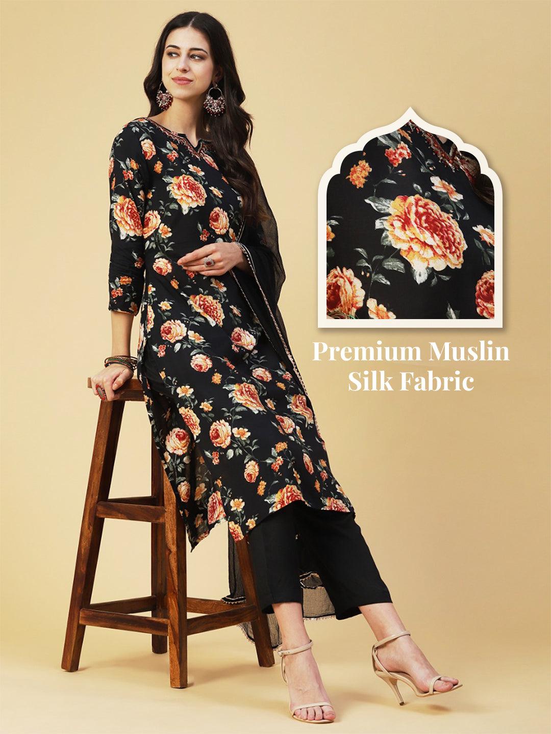 Floral Printed Cutdana & Sequins Embroidered Kurta With Pants & Dupatta - Black - Indiakreations