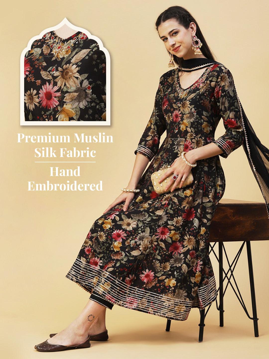 Floral Printed Hand Embroidered Kurta With Pants & Dupatta - Black - Indiakreations