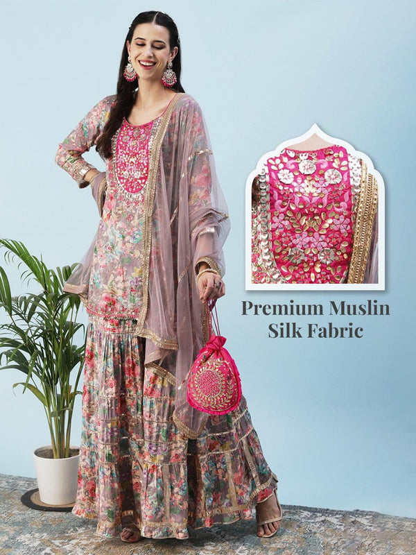 Abstract Floral Printed & Embroidered Kurta with Sharara & Dupatta - Grey - Indiakreations