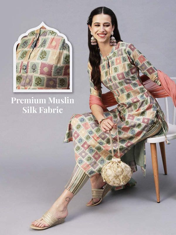 Floral Brick Printed Hand Embroidered Kurta With Pants & Dupatta - Multi - Indiakreations