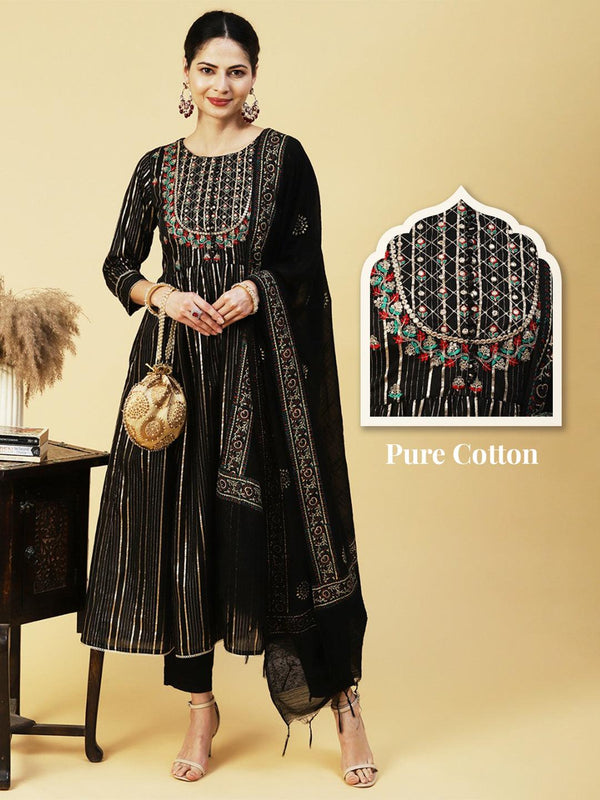 Lurex Striped & Floral Embroidered A-Line Kurta with Pant & Dupatta - Black - Indiakreations