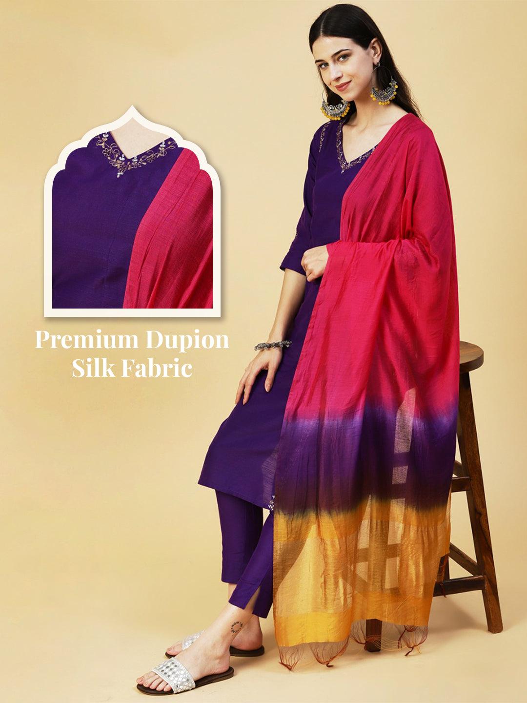 Solid Zari Embroidered Kurta With Pants & Shaded Dupatta - Violet - Indiakreations