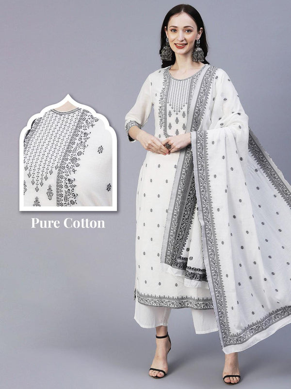 Ethnic Woven Straight Fit Kurta with Palazzo & Dupatta - White - Indiakreations