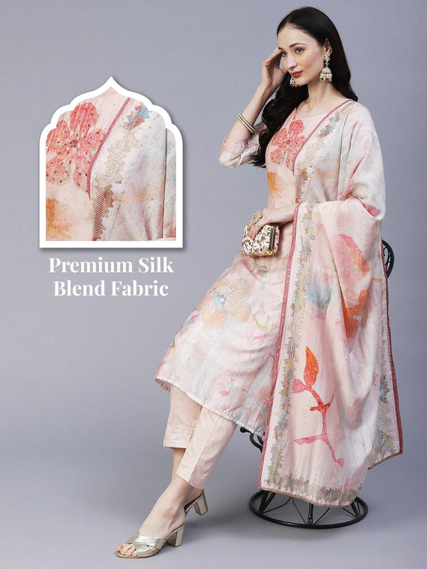 Floral Printed Mirror & Sequins Embroidered Kurta With Pants & Dupatta - Peach - Indiakreations