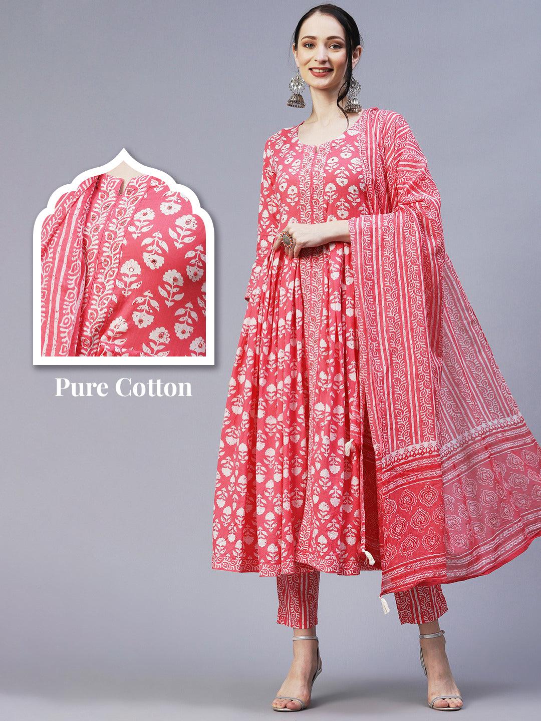 Floral Block Printed Mirror & Resham Embroidered Flared Front Slit Kurta With Pants & Dupatta - Pink - Indiakreations