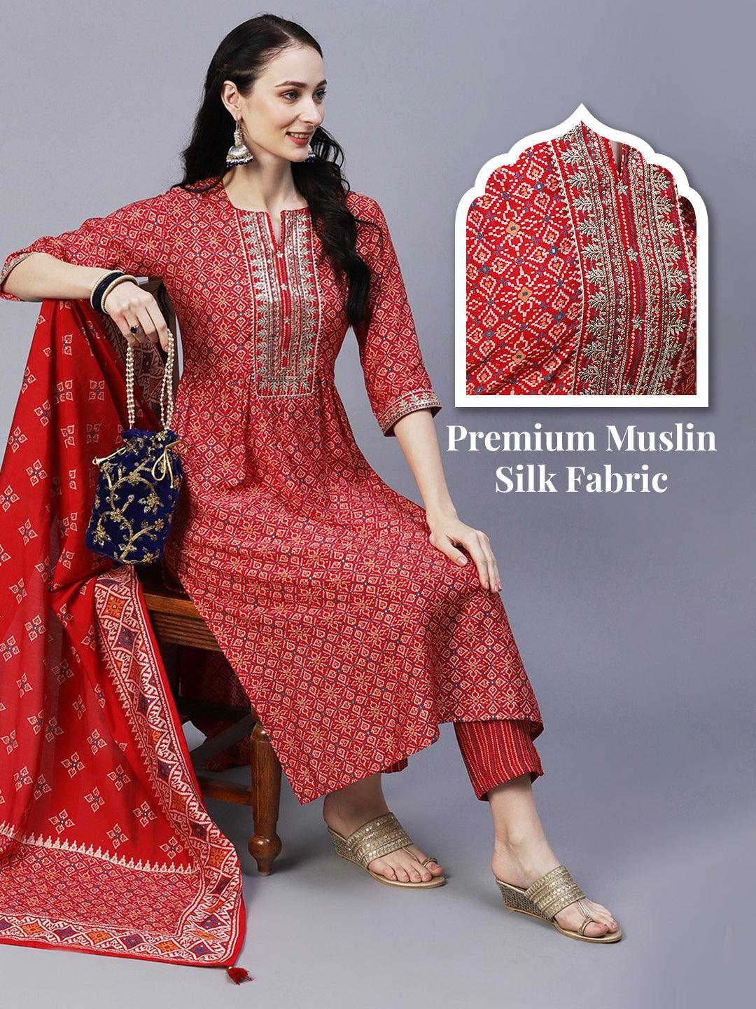 Ethnic Printed & Embroidered A-Line Kurta with Pant & Dupatta - Red - Indiakreations