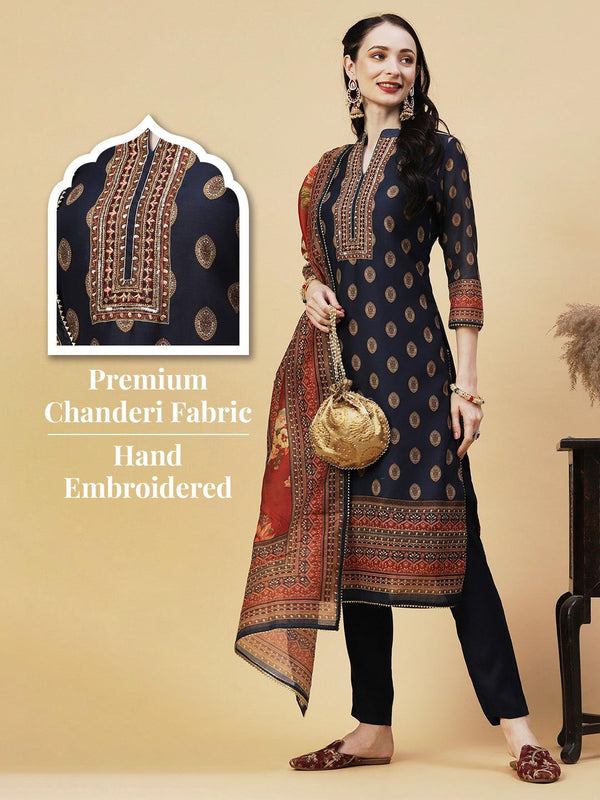 Ethnic Printed & Hand Embroidered Kurta with Pant & Dupatta - Navy Blue - Indiakreations