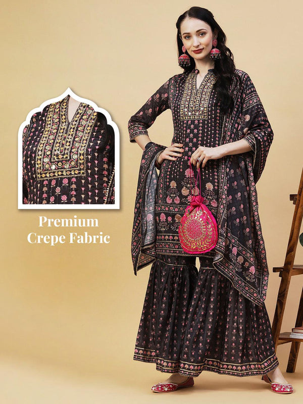 Floral Printed Gotapatti & Mirror Embroidered Kurta With Sharara & Dupatta - Charcoal - Indiakreations