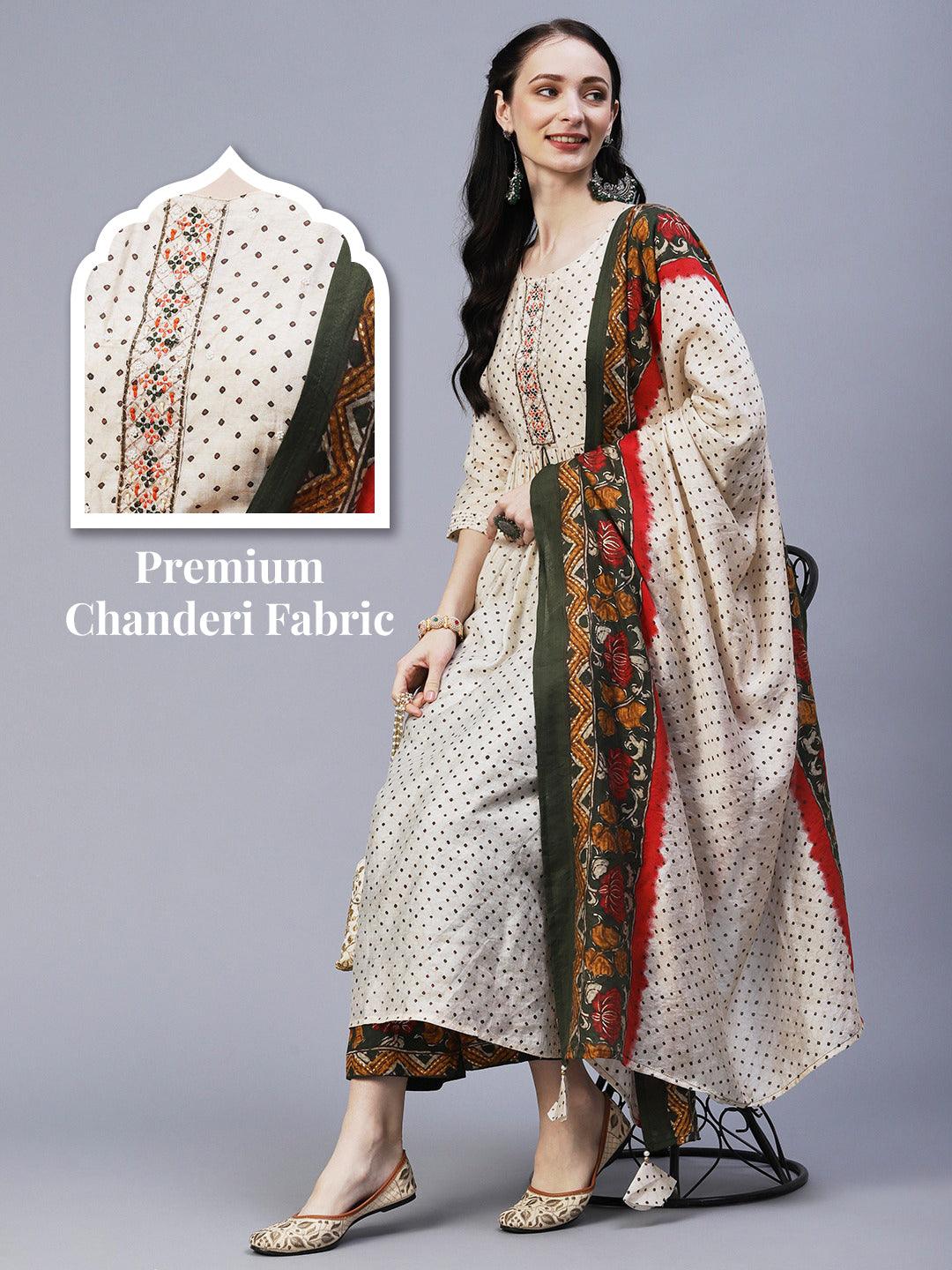 Ethnic Printed & Embroidered A-Line Gathered Kurta with Pant & Dupatta - Cream - Indiakreations