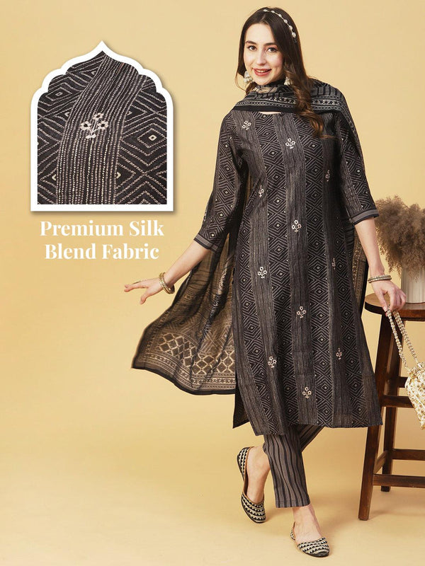 Geometric & Foil Printed Zari Embroidered Kurta With Pants & Dupatta - Charcoal Black - Indiakreations