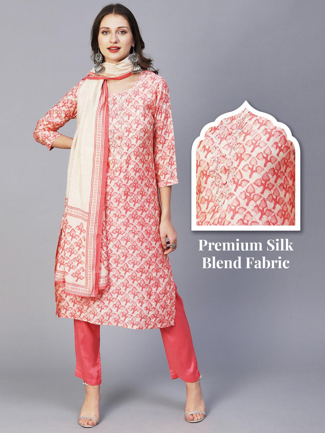 Batik Printed Mirror & Zari Embroidered Kurta With Pants & Dupatta - Peach Pink - Indiakreations