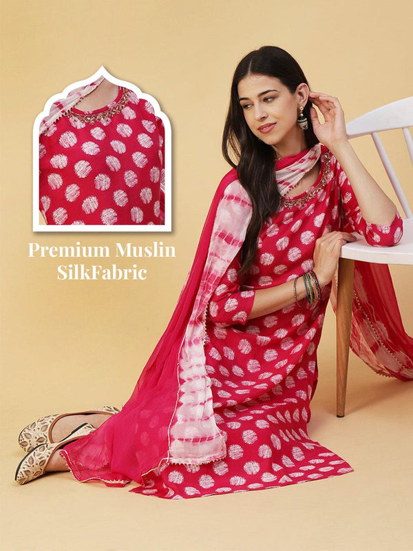 Abstract Printed & Hand Embroidered Straight Kurta with Pant & Dupatta - Magenta - Indiakreations