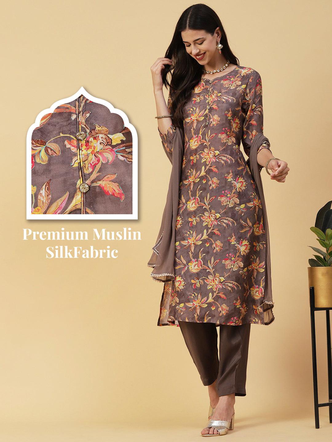 Floral Printed & Hand Embroidered Straight Kurta with Pant & Dupatta - Taupe - Indiakreations