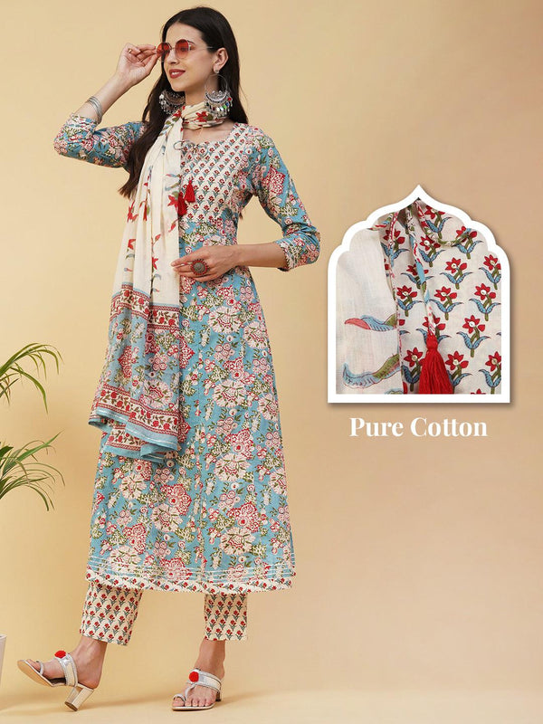 Ethnic Floral Printed Anarkali Flared Kurta with Pant & Dupatta - Off White - Indiakreations