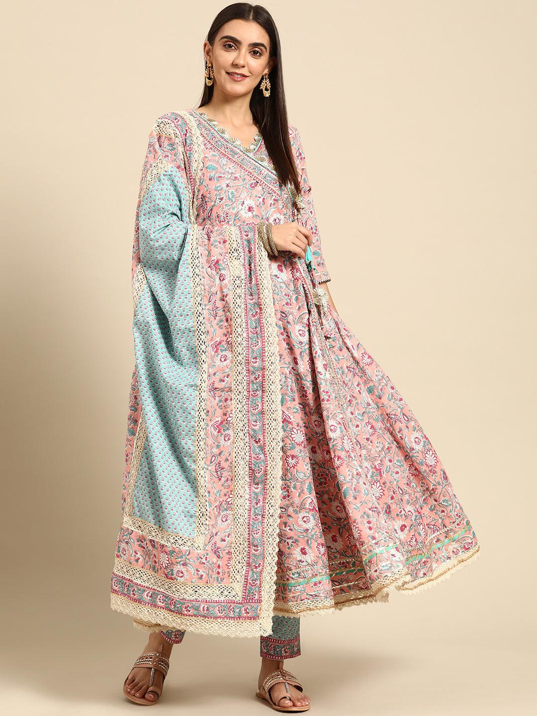 Floral Jaal Printed Angarakha Flared Kurta with Ethnic Printed Pant & Dupatta – Pink - Indiakreations