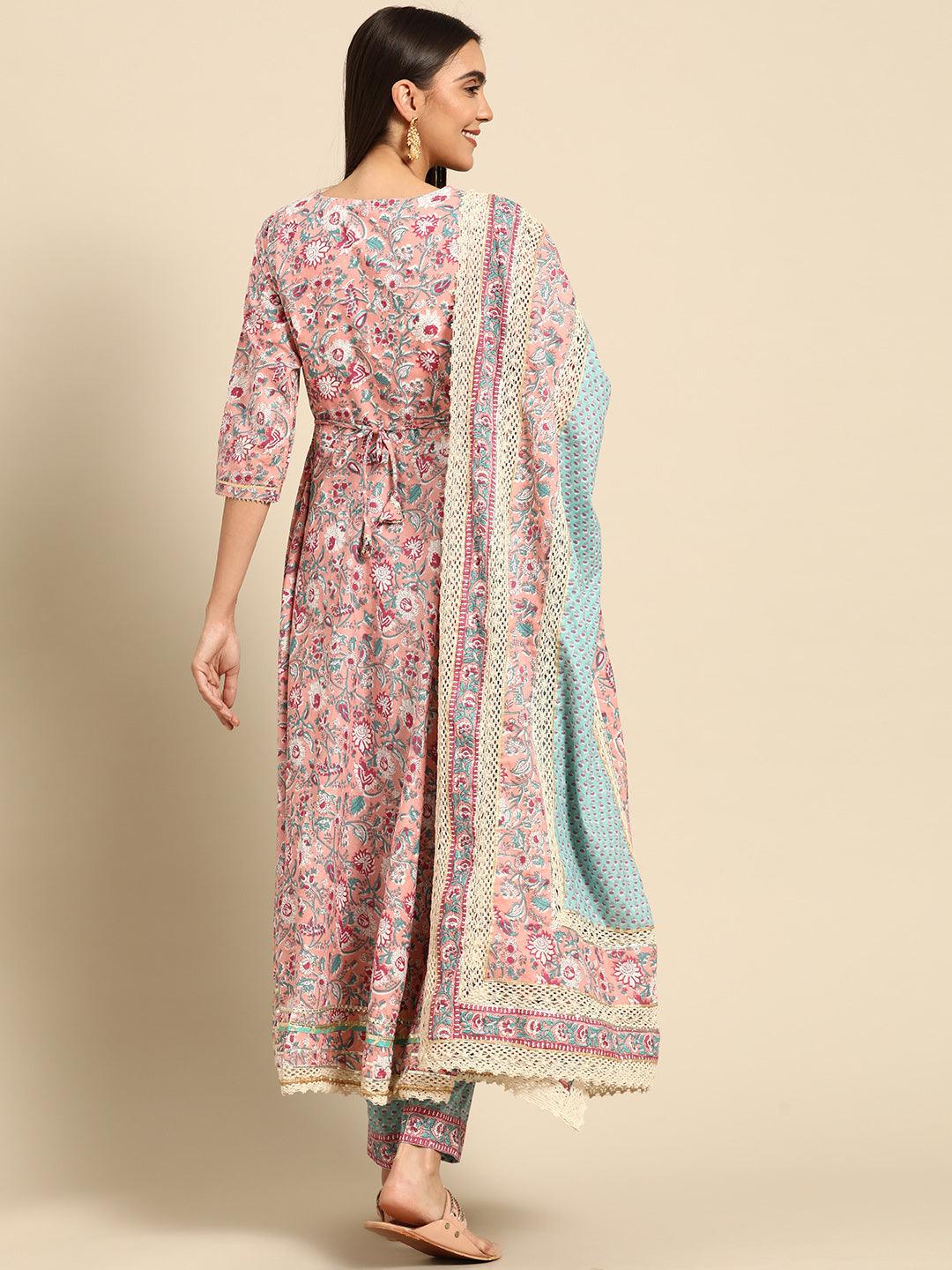 Floral Jaal Printed Angarakha Flared Kurta with Ethnic Printed Pant & Dupatta – Pink - Indiakreations