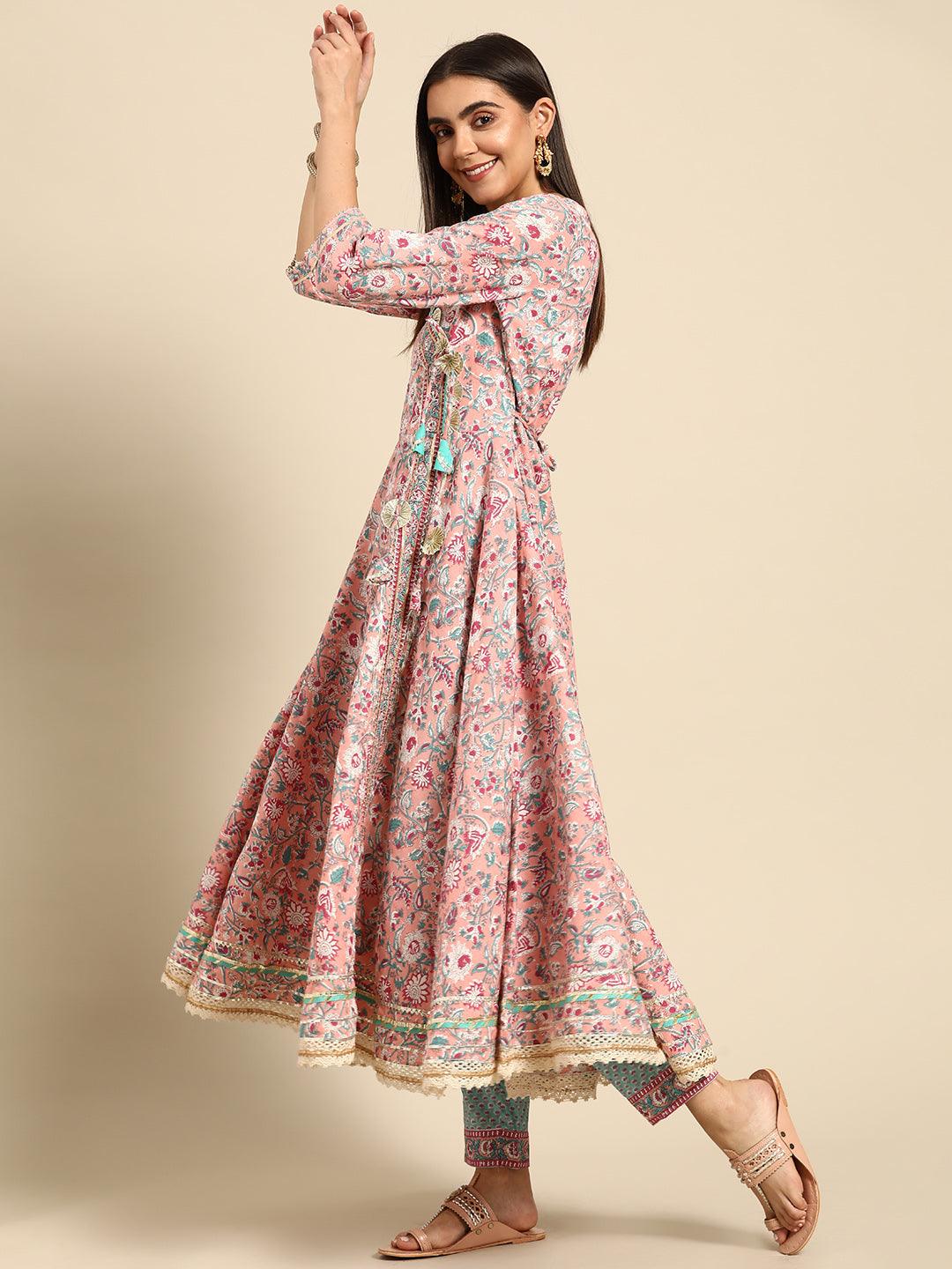 Floral Jaal Printed Angarakha Flared Kurta with Ethnic Printed Pant & Dupatta – Pink - Indiakreations