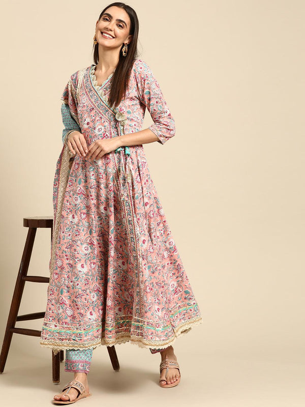 Floral Jaal Printed Angarakha Flared Kurta with Ethnic Printed Pant & Dupatta – Pink - Indiakreations