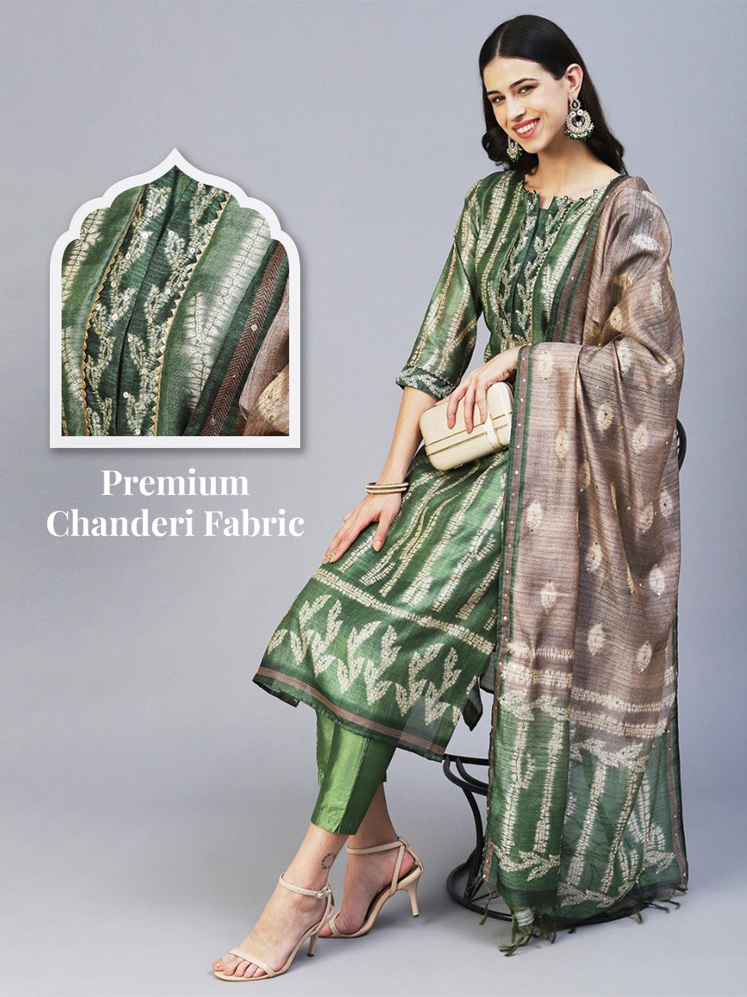 Ethnic Printed & Embroidered Straight Fit Kurta with Pant & Dupatta - Green - Indiakreations