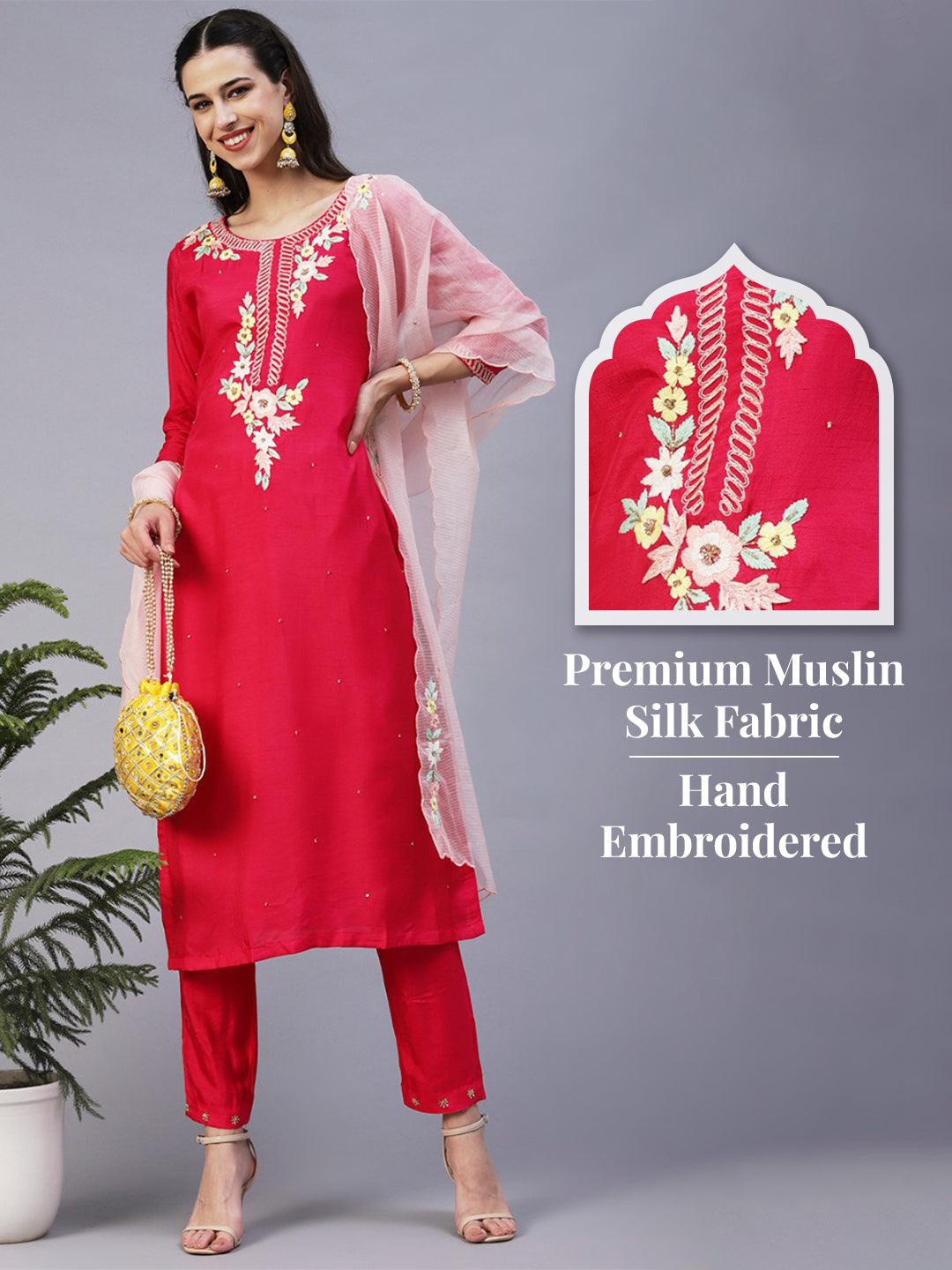 Solid Hand Embroidered Kurta With Pants & Dupatta - Magenta - Indiakreations