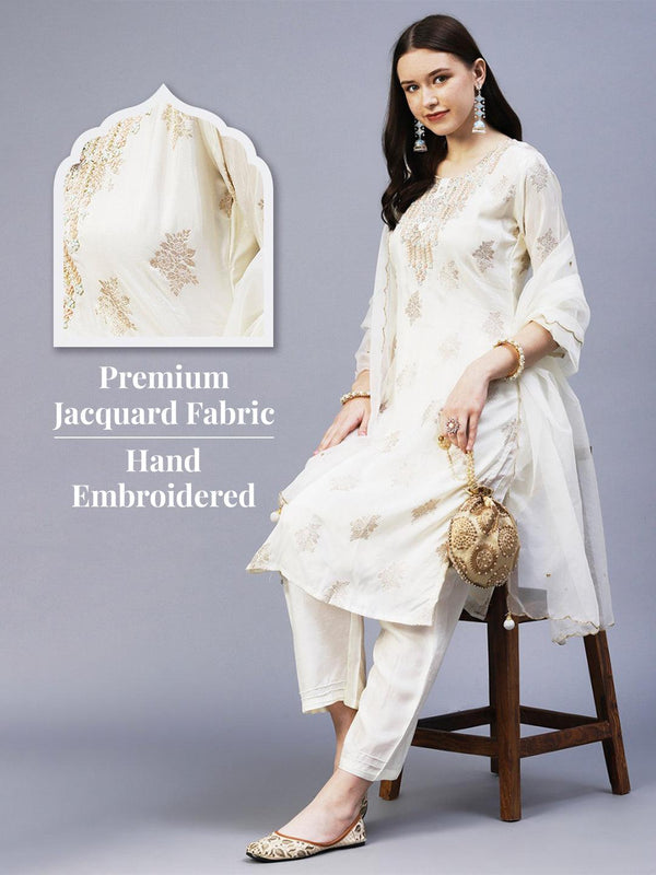 Zari Jacquard Hand Embroidered Kurta With Pants & Embroidered Dupatta - Off White - Indiakreations