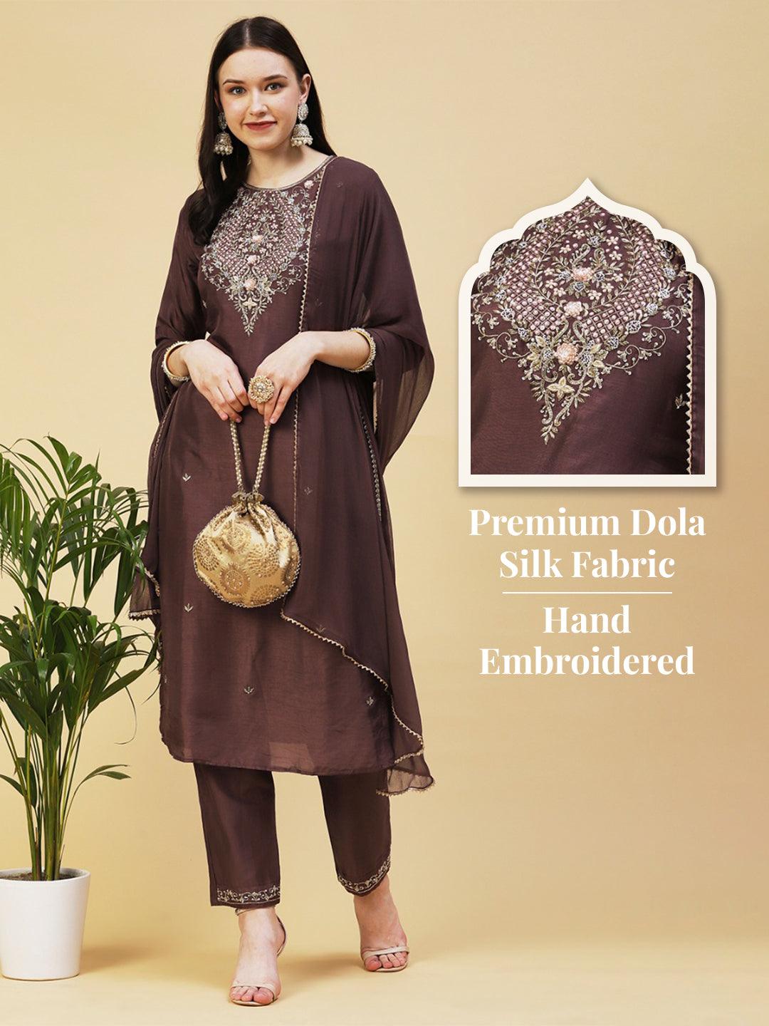 Solid Ethnic Hand Embroidered Straight Kurta with Pant & Dupatta - Brown - Indiakreations