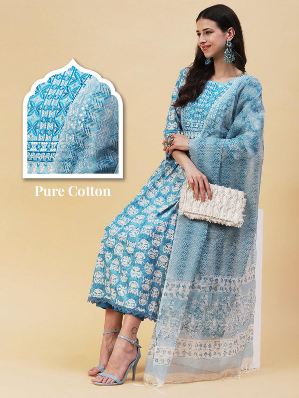 Abstract Printed Resham Embroidered High Slit Kurta With Pants & Printed Dupatta - Blue - Indiakreations