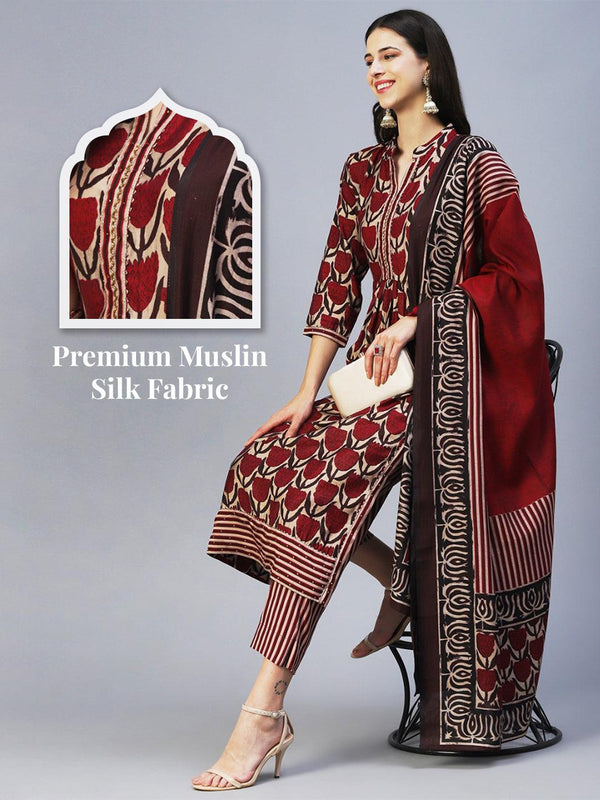 Floral Printed & Embroidered A-Line Kurta with Pant & Dupatta - Magenta - Indiakreations