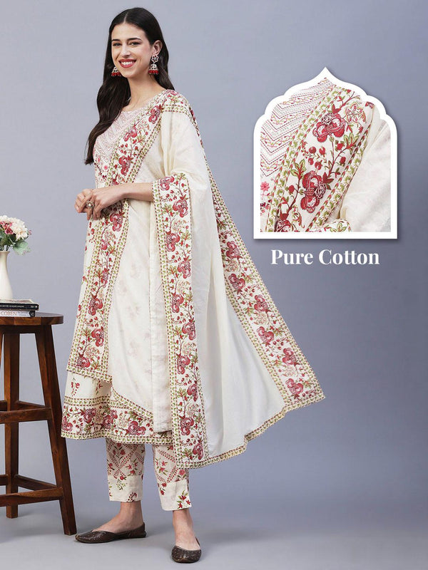 Floral Printed Resham Embroidered Anarkali Kurta With Pants & Dupatta - Off White & Pink - Indiakreations