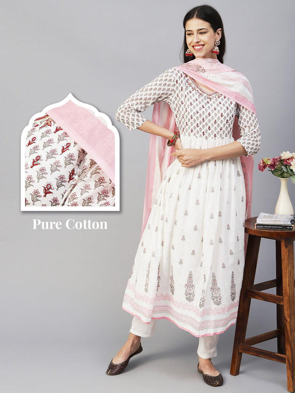 Floral Block Printed Mirror Embroidered Frock kurta with Pants & Dupatta - White & Pink - Indiakreations