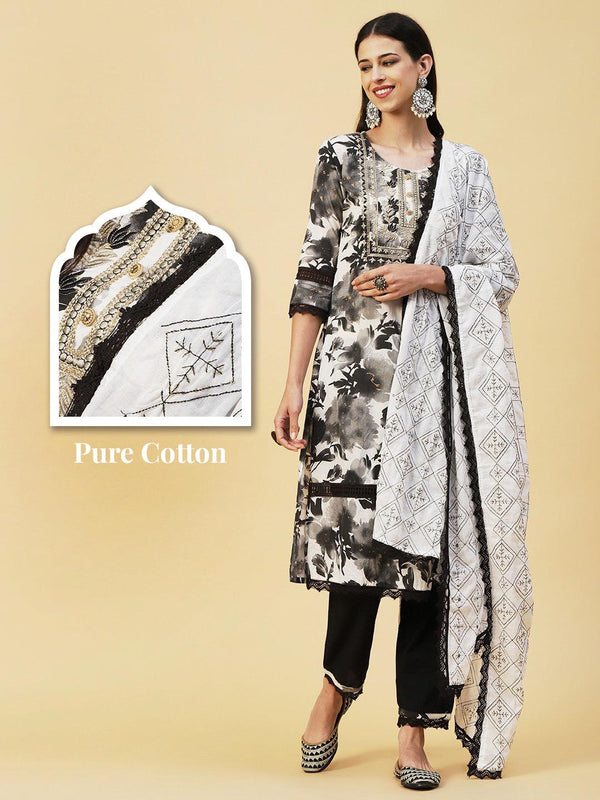 Abstract Floral Printed Straight Fit Kurta with Pant & Dupatta - Black - Indiakreations