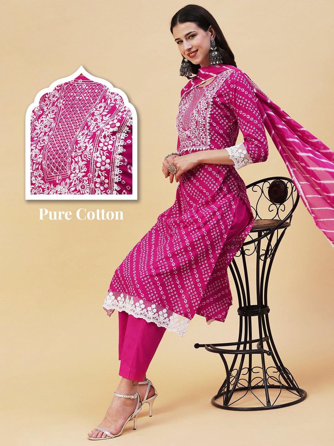 Bandhani Printed Mirror Embroidered Kurta With Pants & Lehriya Dupatta - Fuchsia - Indiakreations