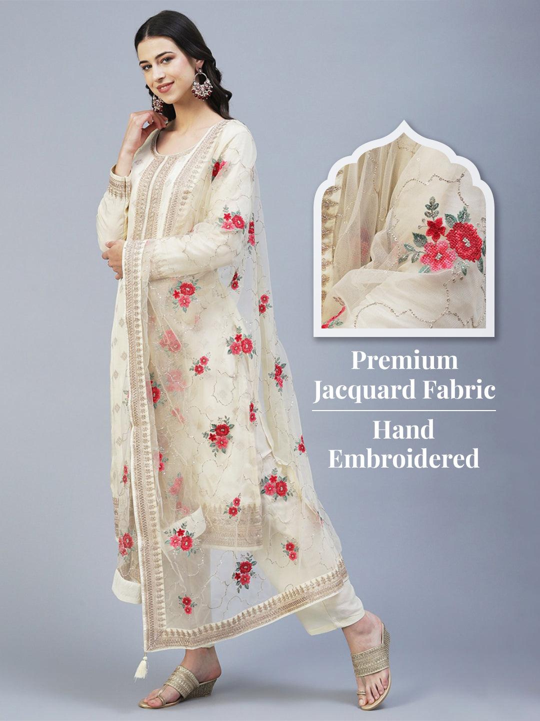 Zari Jacquard Hand Embroidered Kurta With Pants & Embroidered Dupatta - Cream - Indiakreations