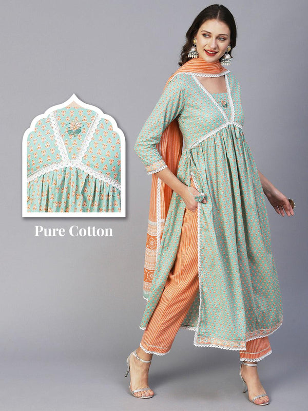 Block Printed Stone & Resham Embroidered Flared High Slit Kurta With Striped Pants & Dupatta - Pastel Green - Indiakreations