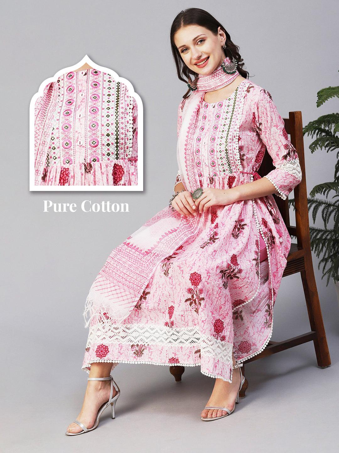 Floral Printed Mirror Embroidered High Slit Gathered Kurta With Pants & Dupatta - Pink - Indiakreations