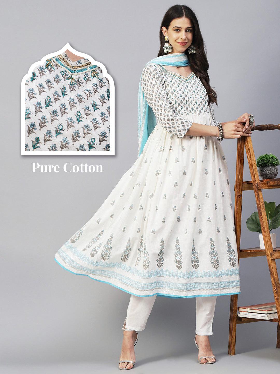 Floral Block Printed Mirror Embroidered Frock kurta with Pants & Dupatta - White & Blue - Indiakreations