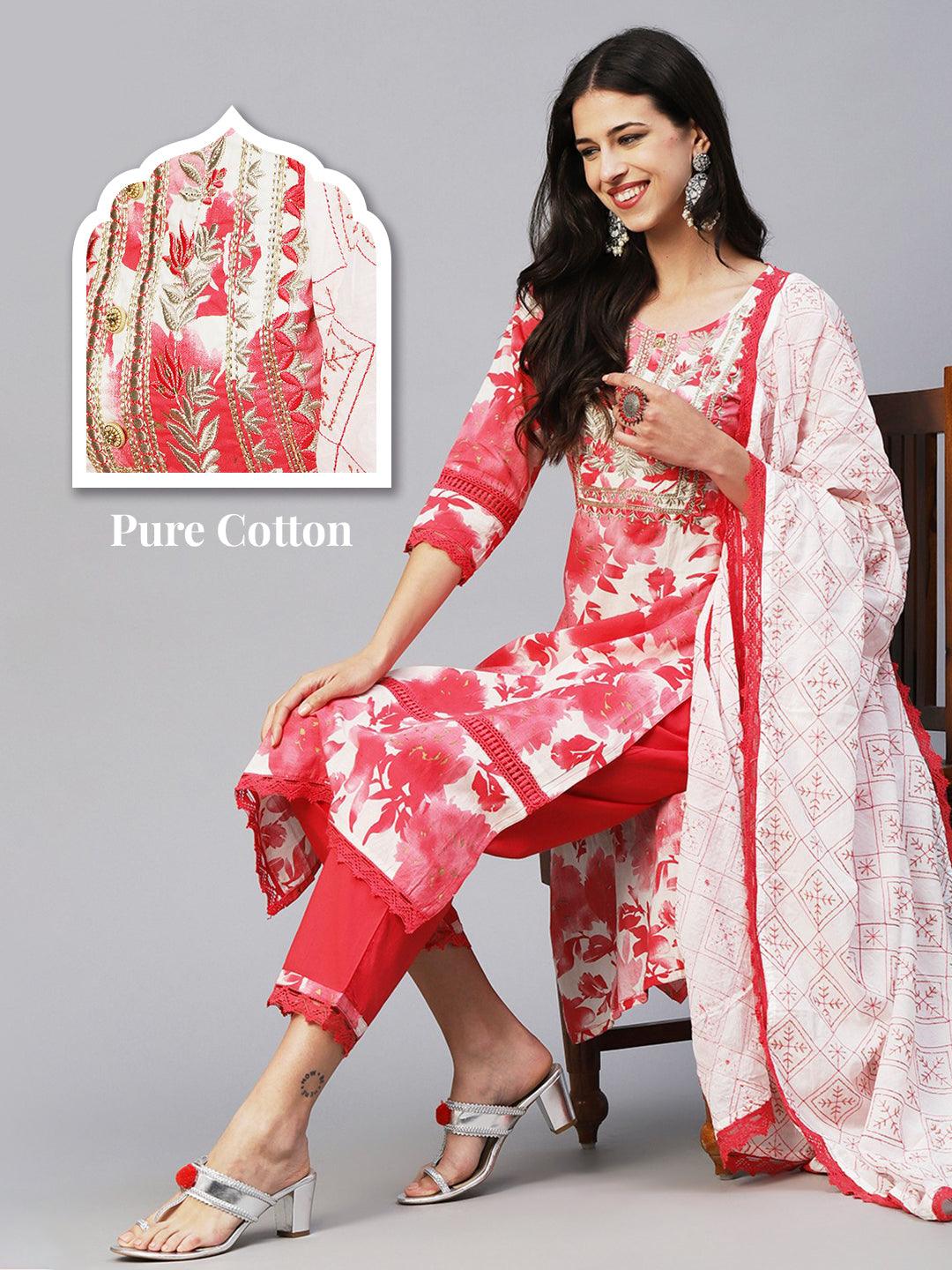 Abstract Floral Printed Straight Fit Kurta with Pant & Dupatta - Red - Indiakreations