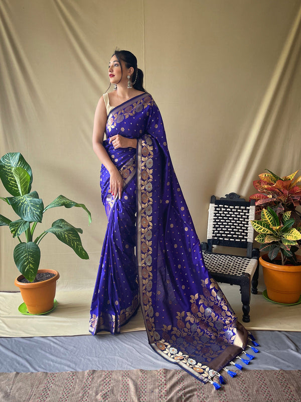 Women's Banarasi Silk Saree with Floral Woven Border and Pallu Violet Blue - TASARIKA