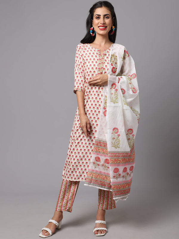 Women's Cream  Color  Printed Kurta and Pant Set with Dupatta  - AILISH