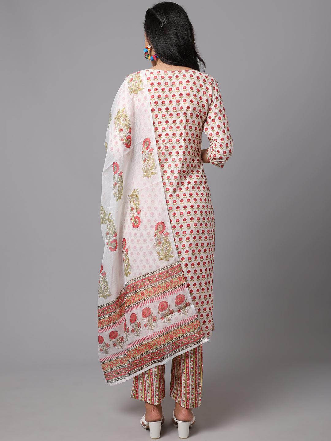 Women's Cream Color Printed Kurta and Pant Set with Dupatta - AILISH - Indiakreations