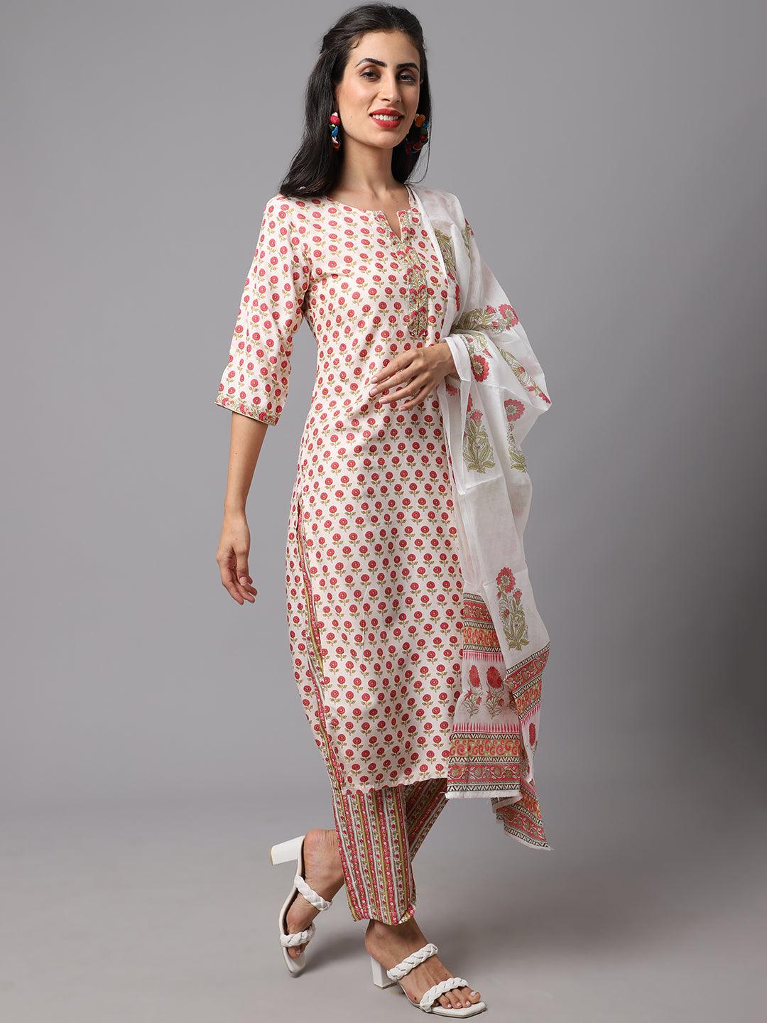 Women's Cream Color Printed Kurta and Pant Set with Dupatta - AILISH - Indiakreations